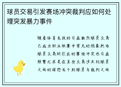 球员交易引发赛场冲突裁判应如何处理突发暴力事件