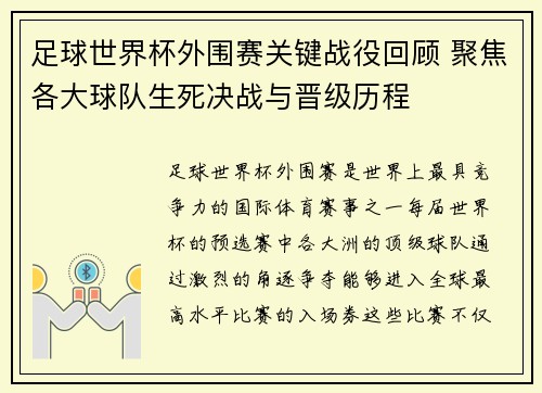 足球世界杯外围赛关键战役回顾 聚焦各大球队生死决战与晋级历程